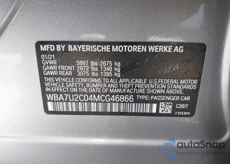 2021 BMW 750I xDrive from USA, damaged, VIN WBA7U2C04MCG46866